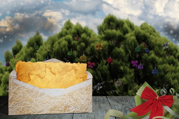 Carta para o Papai Noel na mesa com árvores de natal