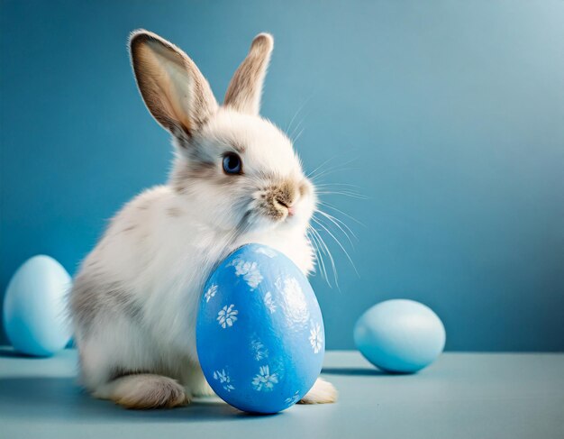 Carta de saludos de animales de vacaciones de Pascua de concepto gracioso Conejo de Pascua pequeño lindo conejo de pascua y huevos de Pascua pintados aislados en textura de fondo azul