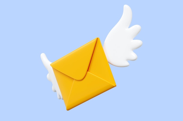 Foto carta voadora com asas ilustração de renderização 3d envelope amarelo de papel alado de desenho animado para entrega rápida de newsletter