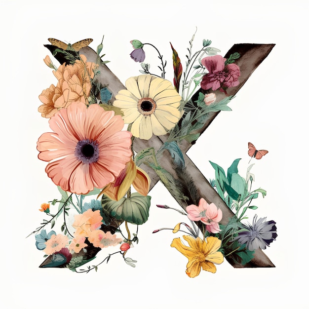 Carta X con flores Carta del alfabeto de las flores Carta floral Carta de las flores X