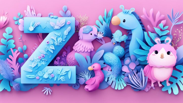 Foto carta z ilustración de estilo cortado en papel colorido texto 3d caprichoso z hecho de animales lindos