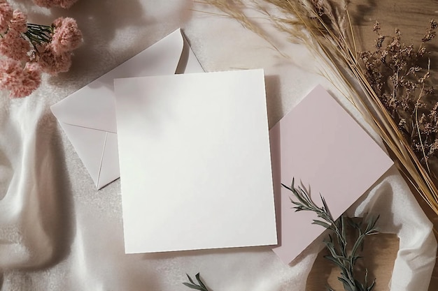 Cartão branco com envelope e bastão