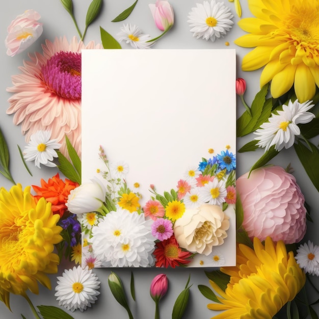 Cartão branco com espaço para cópia e flores criadas usando tecnologia generativa de IA