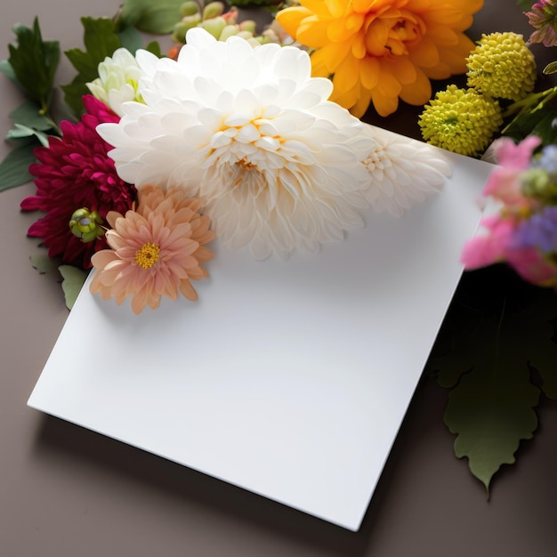 Cartão branco com espaço para cópia e flores criadas usando tecnologia generativa de IA