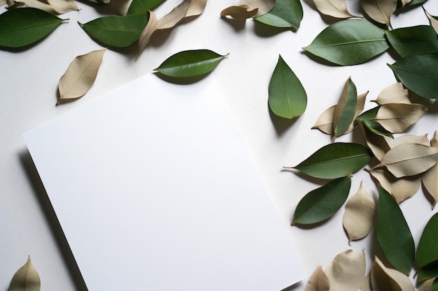 Cartão branco e folhas em cima de uma mesa branca no estilo do naturalismo terroso