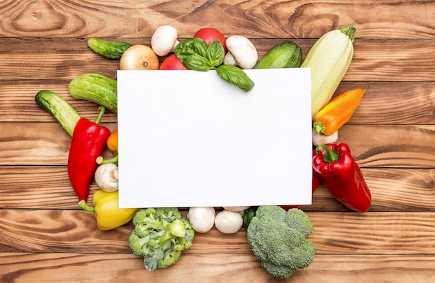 Cartão branco em branco com diferentes vegetais em fundo de madeira Vista superior Espaço para texto Fundo de alimentos saudáveis