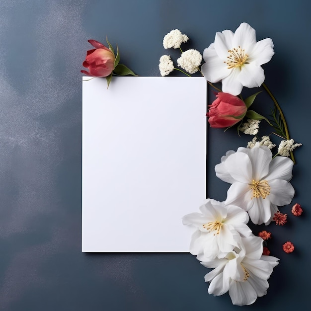 Cartão branco em branco com flores ao redor em um fundo de cor azul ardósia médio