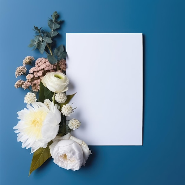 Cartão branco em branco com flores ao redor em um fundo de cor Azul Cadete