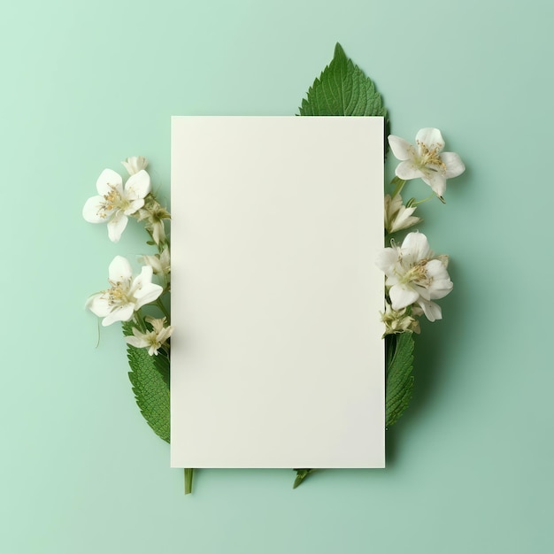 Cartão branco em branco com flores ao redor em um fundo de cor creme de menta