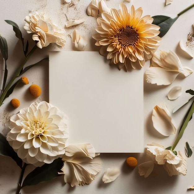 Cartão branco em branco em um fundo branco em torno de pétalas de flores brancas espalhadas Lugares em seu próprio conteúdo Flores em flor um símbolo da primavera nova vida