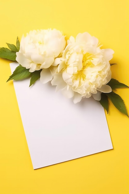 Cartão branco em branco sobre fundo amarelo com cartão postal de peônias IA generativa