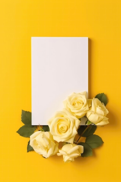 Cartão branco em branco sobre fundo amarelo com cartão postal de rosas IA generativa