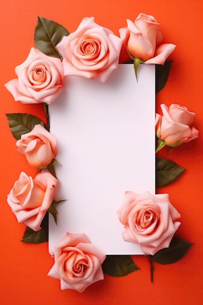 Cartão branco em branco sobre fundo laranja e rosa com cartão postal de rosas Generative AI