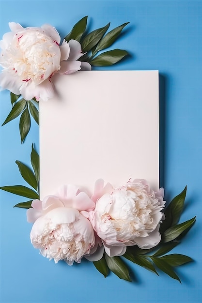 Cartão branco em branco sobre fundo rosa pastel e azul com peônias cartão postal generativo AI