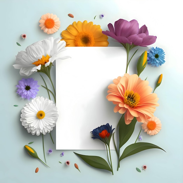 Cartão branco uma folha em branco decorada com flores multiflorais
