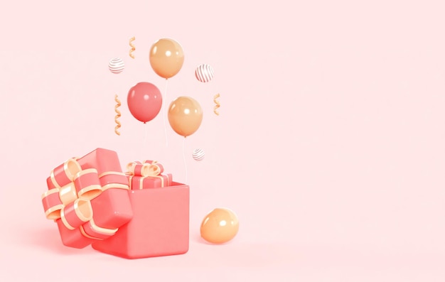 Cartão com caixas de presente de confete e balões renderização em 3d