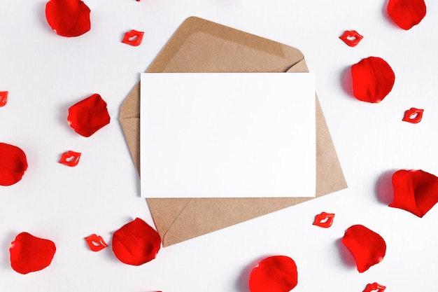Cartão com envelope e cartão em branco branco com pétalas de rosa vermelhas sobre fundo branco de madeira