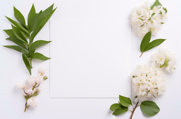 cartão com flores flores brancas em um fundo de madeira