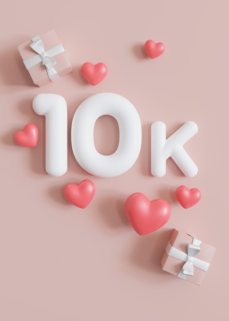 Cartão de 10.000 seguidores com corações e presentes em fundo rosa Imagem vertical para blog de rede social 10k seguidores ou celebração de curtidas Cartaz de conquista de mídia social 3d render