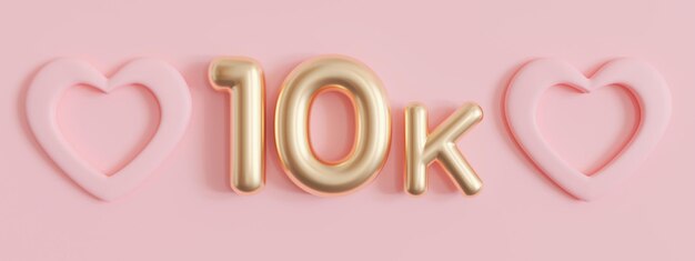 Cartão de 10.000 seguidores com corações em fundo rosa Banner para blog de rede social Celebração de 10 mil seguidores ou curtidas Cartaz de conquista de mídia social Renderização 3d de dez mil assinantes