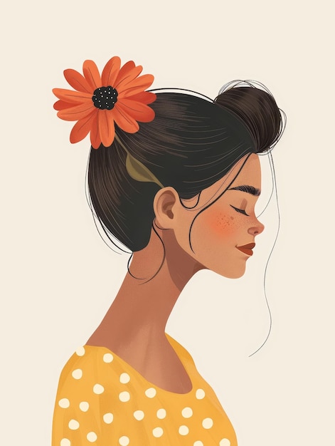 Foto cartão de afirmação jovem garota com flor no cabelo ilustração minimalista ia geradora