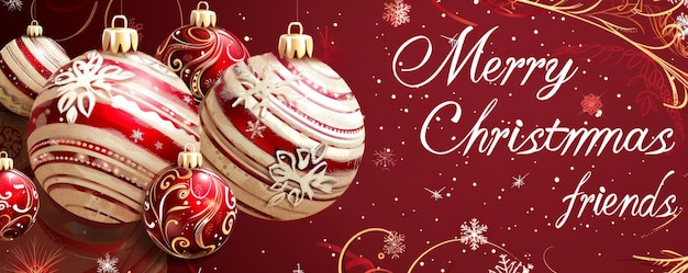 Cartão de amigos de Feliz Natal com ornamentos festivos vermelhos e dourados