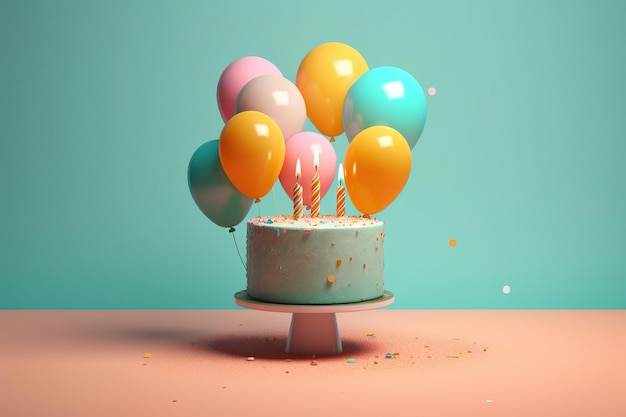 Cartão de aniversário Bolo e balões em estilo minimalista Ilustração Geração AI