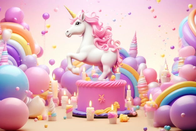 Cartão de aniversário com bolinhos de bolo de unicórnio e velas em cores brilhantes