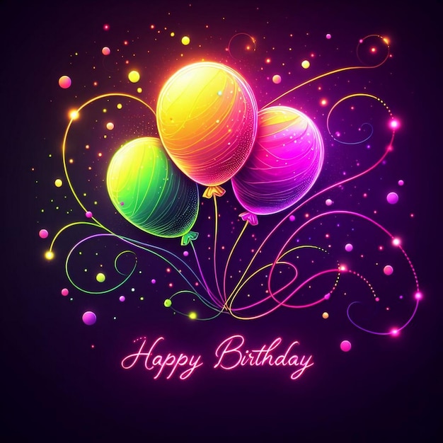 Cartão de aniversário com efeitos de luz de néon Cartão de felicitações de aniversário criativo com balões de néon