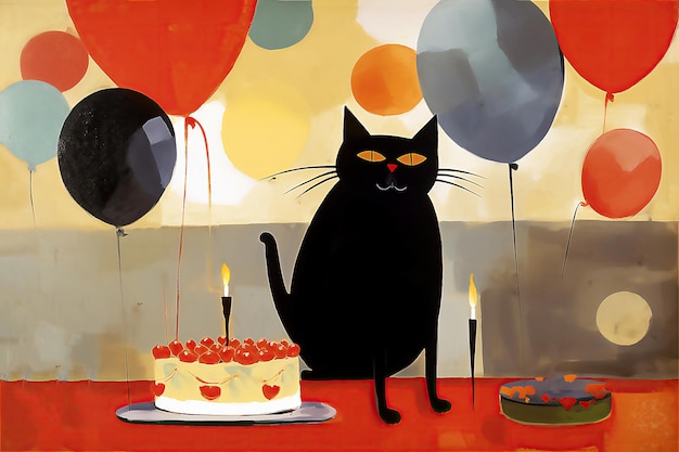 Cartão de aniversário com gato preto com balãoIllustration post processado imagem gerada por IA