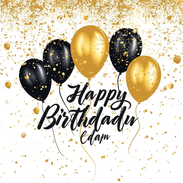 Cartão de aniversário comemorando marcos da vida com balões dourados e pretos