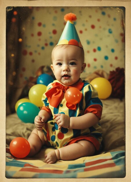 Cartão de aniversário de bebê com maquiagem de palhaço fotografia retro