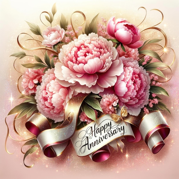 Cartão de aniversário de peônia rosa luxuoso com fitas de ouro