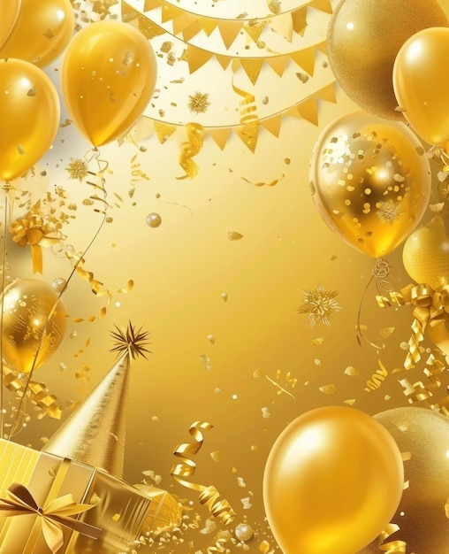 cartão de aniversário dourado com balões dourados