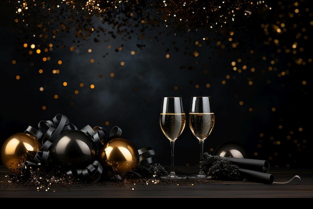 Foto cartão de ano novo com decoração dourada fogos de artifício copos de champanhe confeti escala cinza escuro fundo