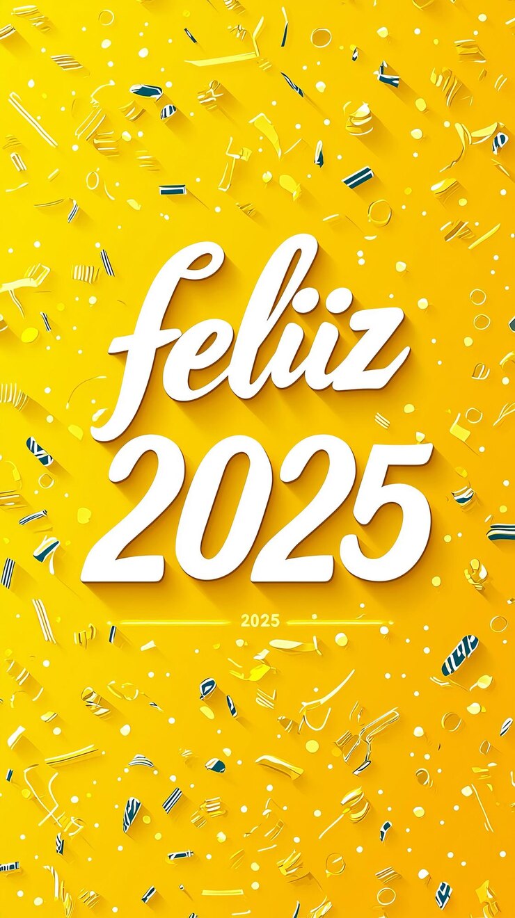 Foto cartão de ano novo festivo feliz 2025 com fundo amarelo vibrante e decorações de férias
