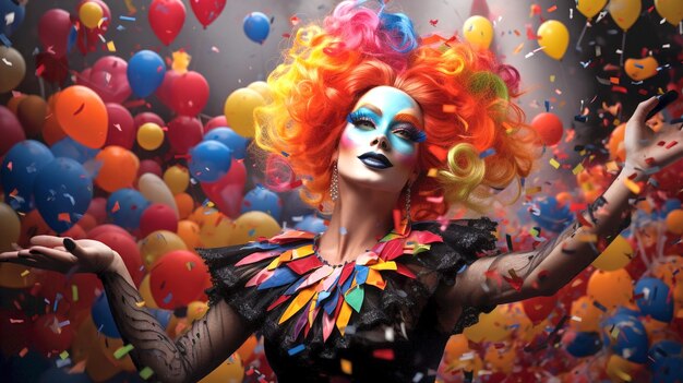 Cartão de carnaval, cores de orgulho, pessoas disfarçadas, balões e confetes.