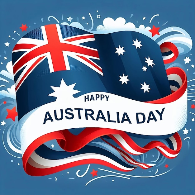 Cartão de cartaz do Dia da Austrália A bandeira nacional da Austrália tem linhas curvas vermelhas e brancas e uma estrela