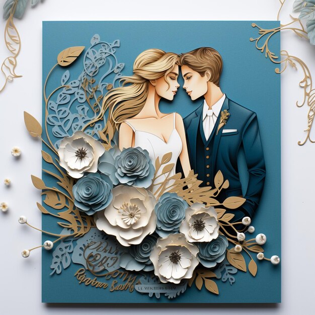 Cartão de casamento com tema azul e dourado