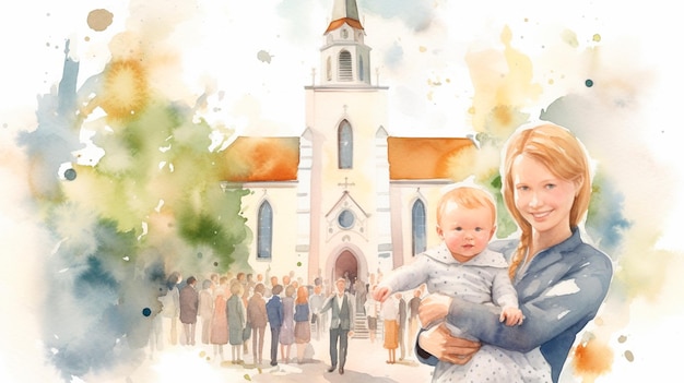 Cartão de celebração de batismo em aquarela com IA generativa de moldura de igreja