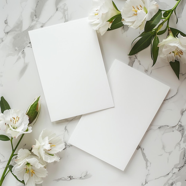 cartão de convite com flores nos lados com fundo de mármore