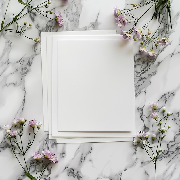 cartão de convite com flores nos lados com fundo de mármore