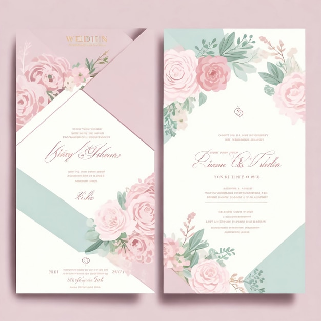 Cartão de convite de casamento elegante com modelo de flores e folhas