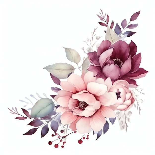 cartão de convite de casamento em aquarela com ilustração de design floral e folhas para modelo