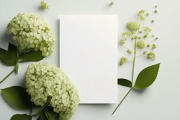 cartão de convite de casamento maquete branca vazia com decorações de flores gypsophila Generative AI