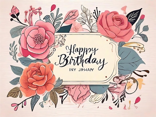 Cartão de convite desenhado à mão para festa de aniversário florescendo com flores alegres