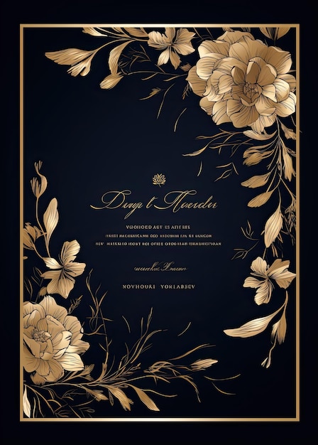 Foto cartão de convite vintage com flores douradas ilustração vetorial desenhada à mão