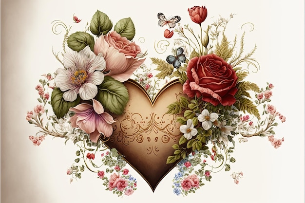 Cartão de coração com buquê de flores, dia dos namorados, fundo branco. ilustração digital de IA