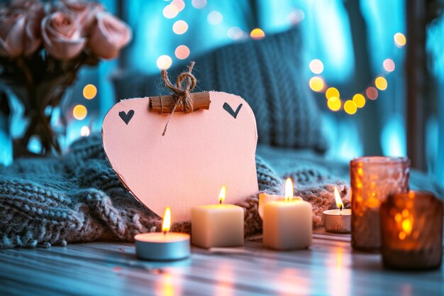 Cartão de coração com velas e rosa na mesa