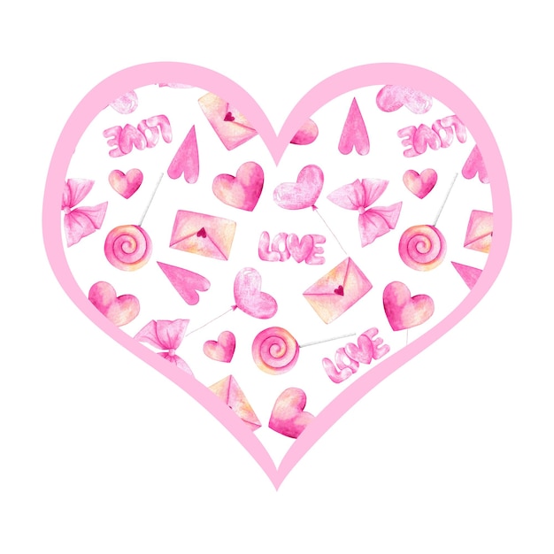 Cartão de coração de dia dos namorados, modelo, em branco isolado no branco. Saudação de dia de amor, cartão postal, ilustração. Romântico, amo o padrão rosa.